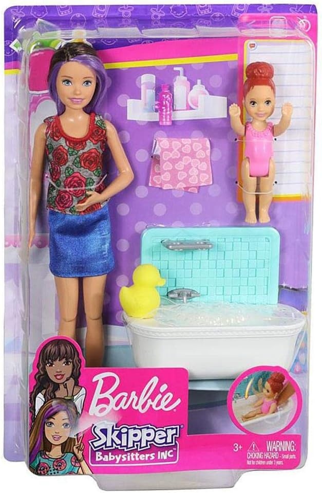 imageBarbie Skipper Babysitters Inc Bedtime Playset with Babysitting Skipper Doll Toddler Doll with GlowintheDark Pajamas Bed Sleeping Kitty Teddy Bear Blanket and Storybook for Kids 37 Years OldBath Playset