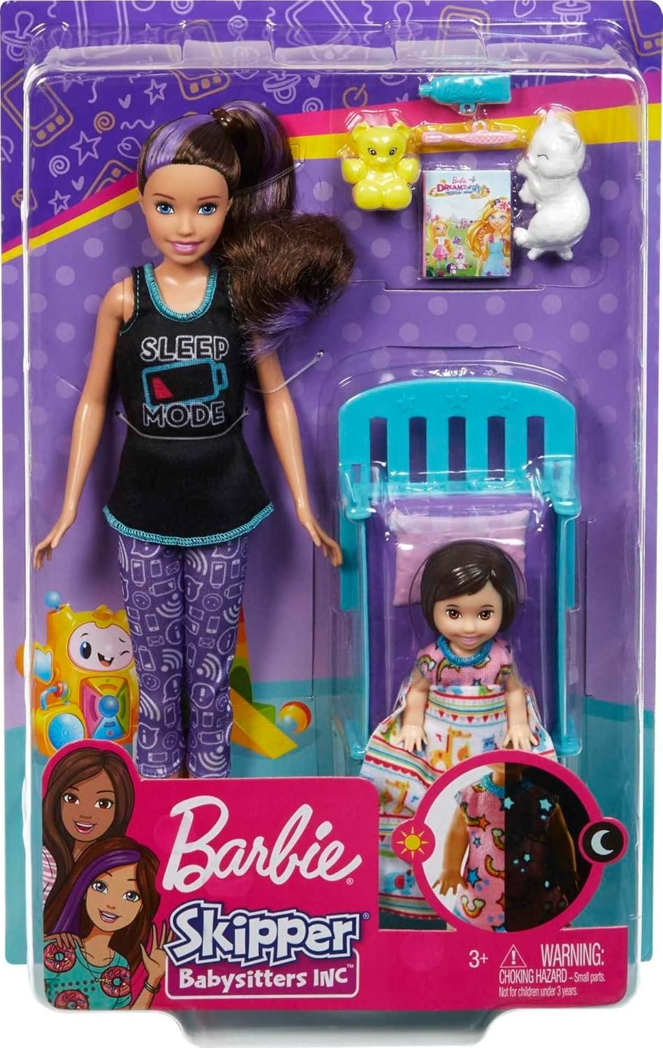 imageBarbie Skipper Babysitters Inc Bedtime Playset with Babysitting Skipper Doll Toddler Doll with GlowintheDark Pajamas Bed Sleeping Kitty Teddy Bear Blanket and Storybook for Kids 37 Years OldBedtime Playset
