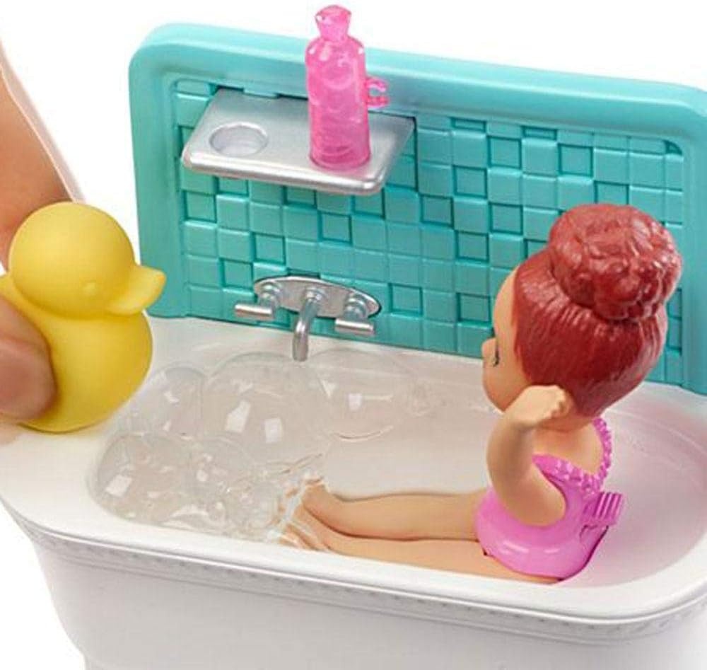 imageBarbie Skipper Babysitters Inc Bedtime Playset with Babysitting Skipper Doll Toddler Doll with GlowintheDark Pajamas Bed Sleeping Kitty Teddy Bear Blanket and Storybook for Kids 37 Years OldBath Playset