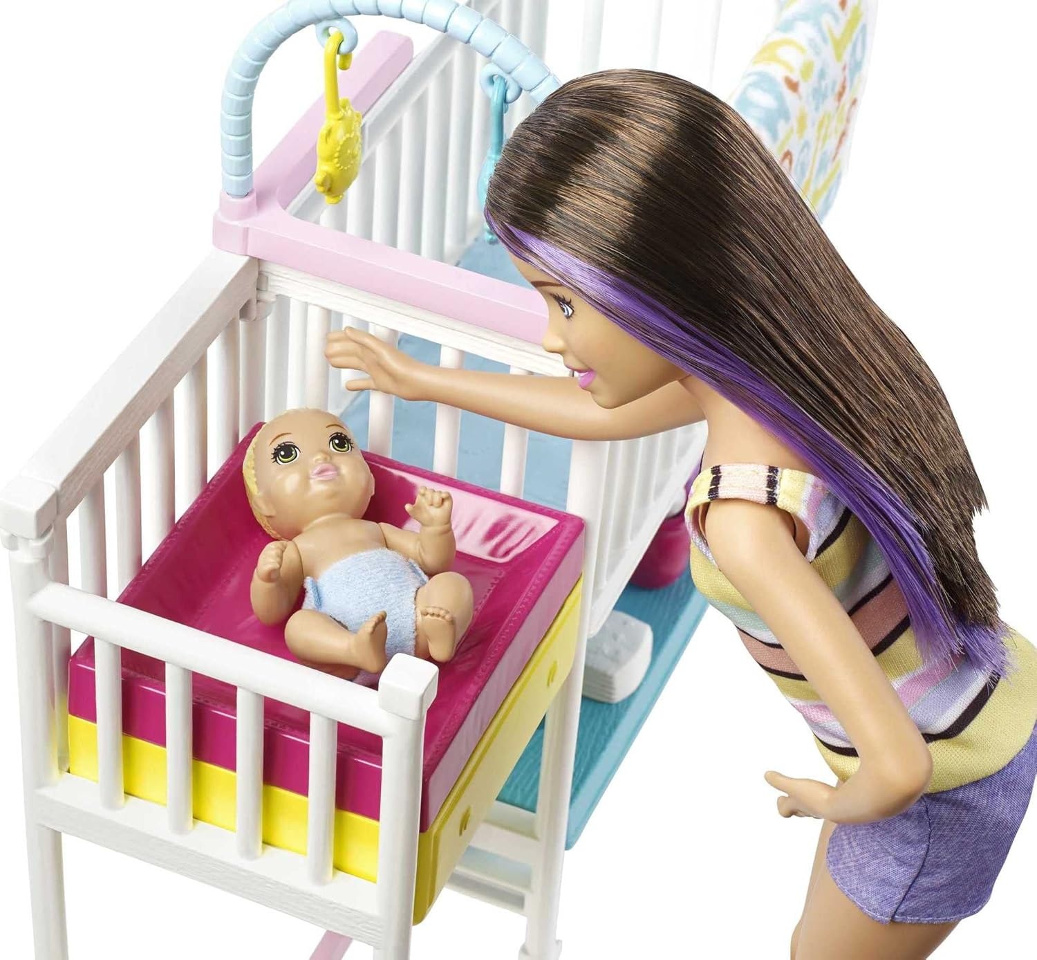 imageBarbie Skipper Babysitters Inc Bedtime Playset with Babysitting Skipper Doll Toddler Doll with GlowintheDark Pajamas Bed Sleeping Kitty Teddy Bear Blanket and Storybook for Kids 37 Years OldNursery Playset
