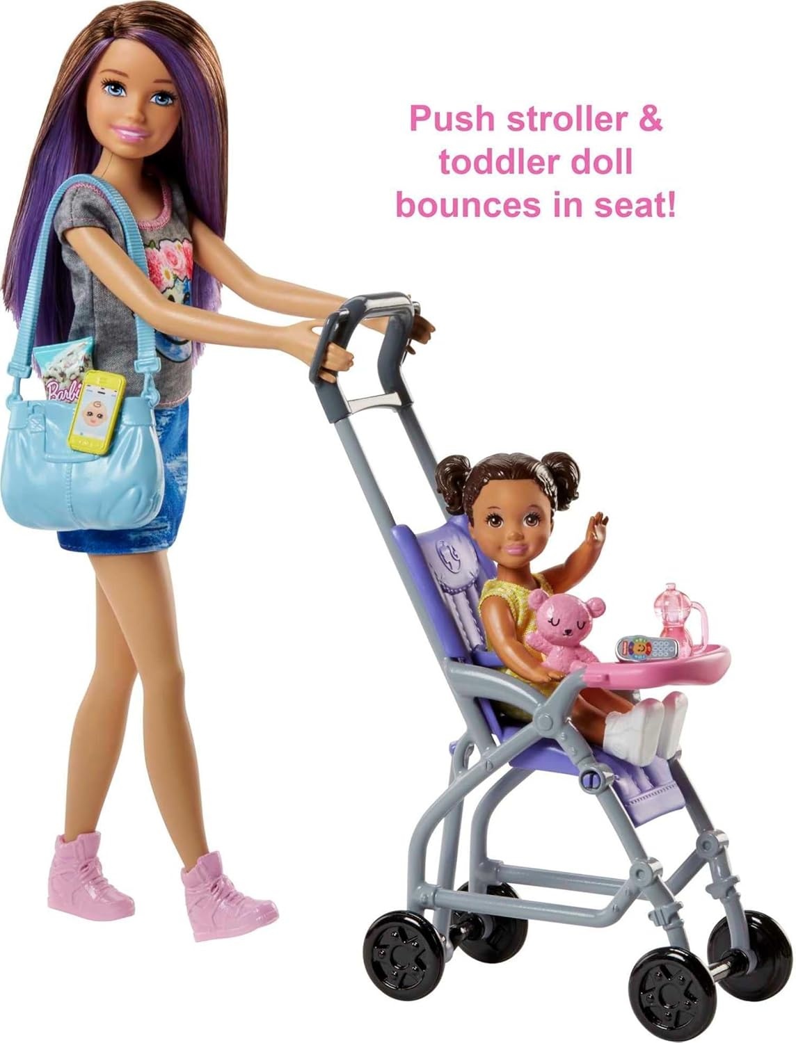 imageBarbie Skipper Babysitters Inc Bedtime Playset with Babysitting Skipper Doll Toddler Doll with GlowintheDark Pajamas Bed Sleeping Kitty Teddy Bear Blanket and Storybook for Kids 37 Years OldPram Playset