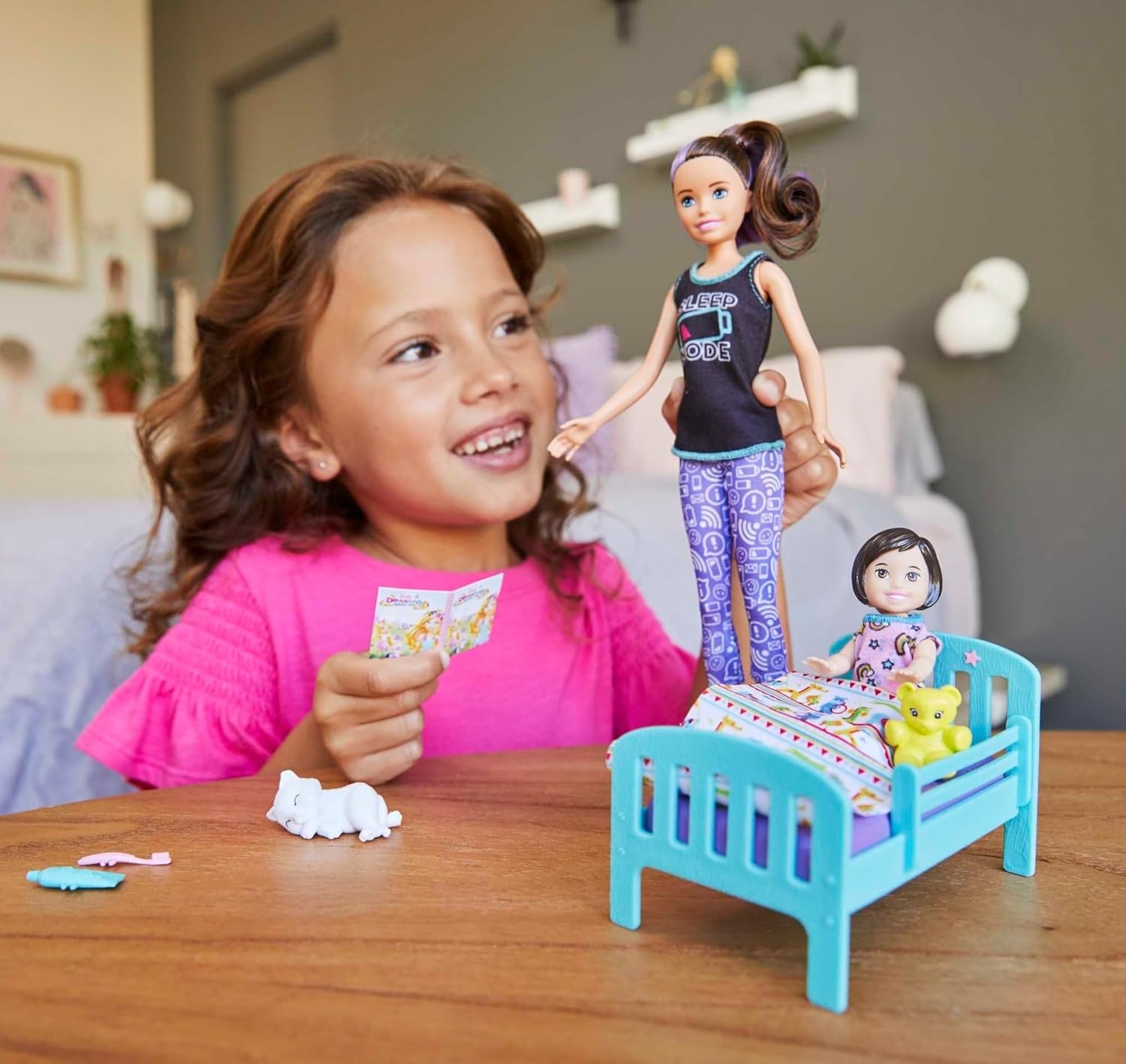 imageBarbie Skipper Babysitters Inc Bedtime Playset with Babysitting Skipper Doll Toddler Doll with GlowintheDark Pajamas Bed Sleeping Kitty Teddy Bear Blanket and Storybook for Kids 37 Years OldBedtime Playset