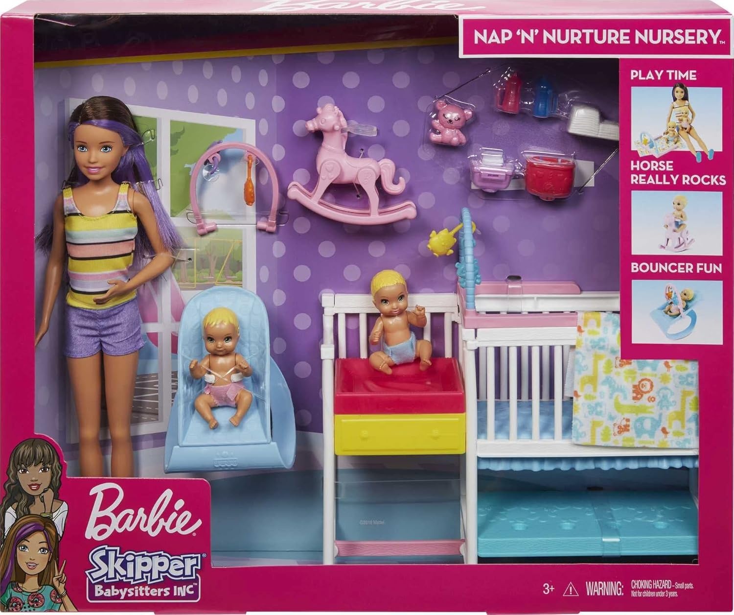 imageBarbie Skipper Babysitters Inc Bedtime Playset with Babysitting Skipper Doll Toddler Doll with GlowintheDark Pajamas Bed Sleeping Kitty Teddy Bear Blanket and Storybook for Kids 37 Years OldNursery Playset