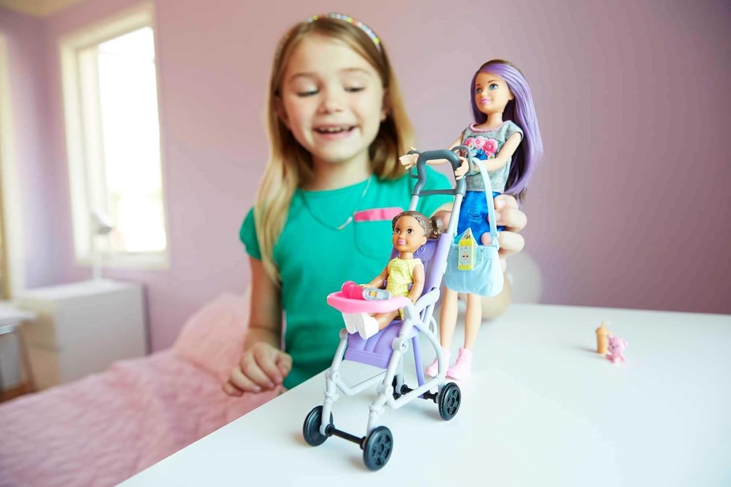 imageBarbie Skipper Babysitters Inc Bedtime Playset with Babysitting Skipper Doll Toddler Doll with GlowintheDark Pajamas Bed Sleeping Kitty Teddy Bear Blanket and Storybook for Kids 37 Years OldPram Playset