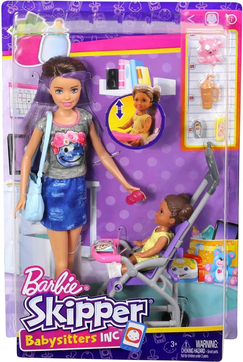 imageBarbie Skipper Babysitters Inc Bedtime Playset with Babysitting Skipper Doll Toddler Doll with GlowintheDark Pajamas Bed Sleeping Kitty Teddy Bear Blanket and Storybook for Kids 37 Years OldPram Playset