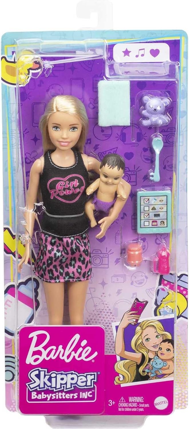 imageBarbie Skipper Babysitters Inc Set with 9in Brunette Skipper Doll Baby Doll amp 4 Storytelling Pieces for 3 to 7 Year OldsBlonde