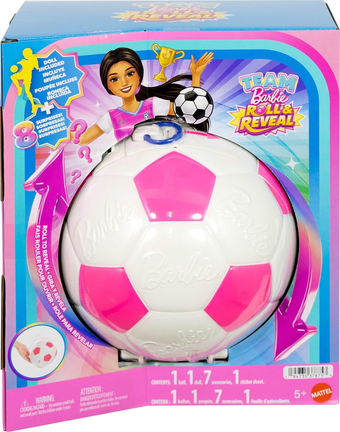 imageBarbie Team Roll and Reveal Soccer Player Doll and Accessories with Brunette Fashion Doll amp 8 Surprises and a Soccer Ball EncasementSoccer