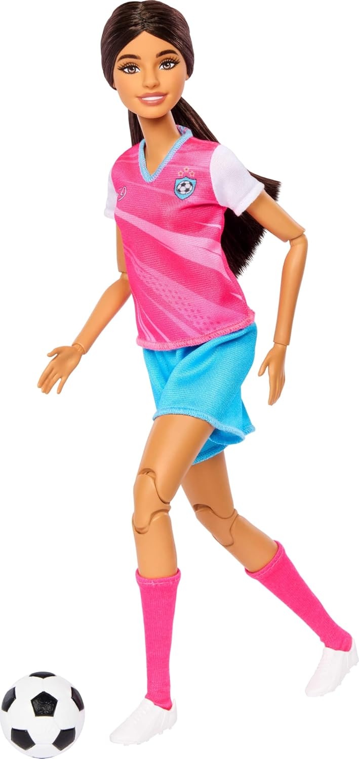 imageBarbie Team Roll and Reveal Soccer Player Doll and Accessories with Brunette Fashion Doll amp 8 Surprises and a Soccer Ball EncasementSoccer