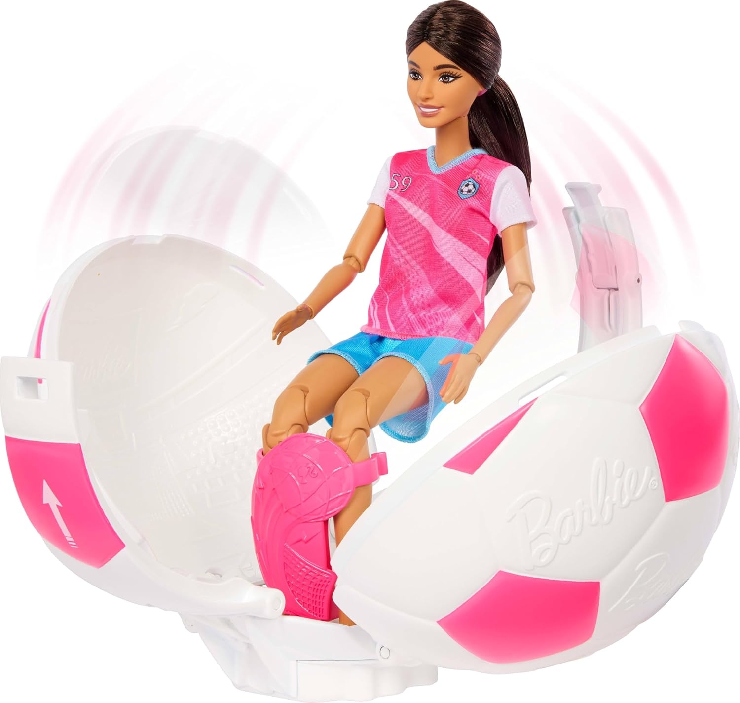 imageBarbie Team Roll and Reveal Soccer Player Doll and Accessories with Brunette Fashion Doll amp 8 Surprises and a Soccer Ball EncasementSoccer