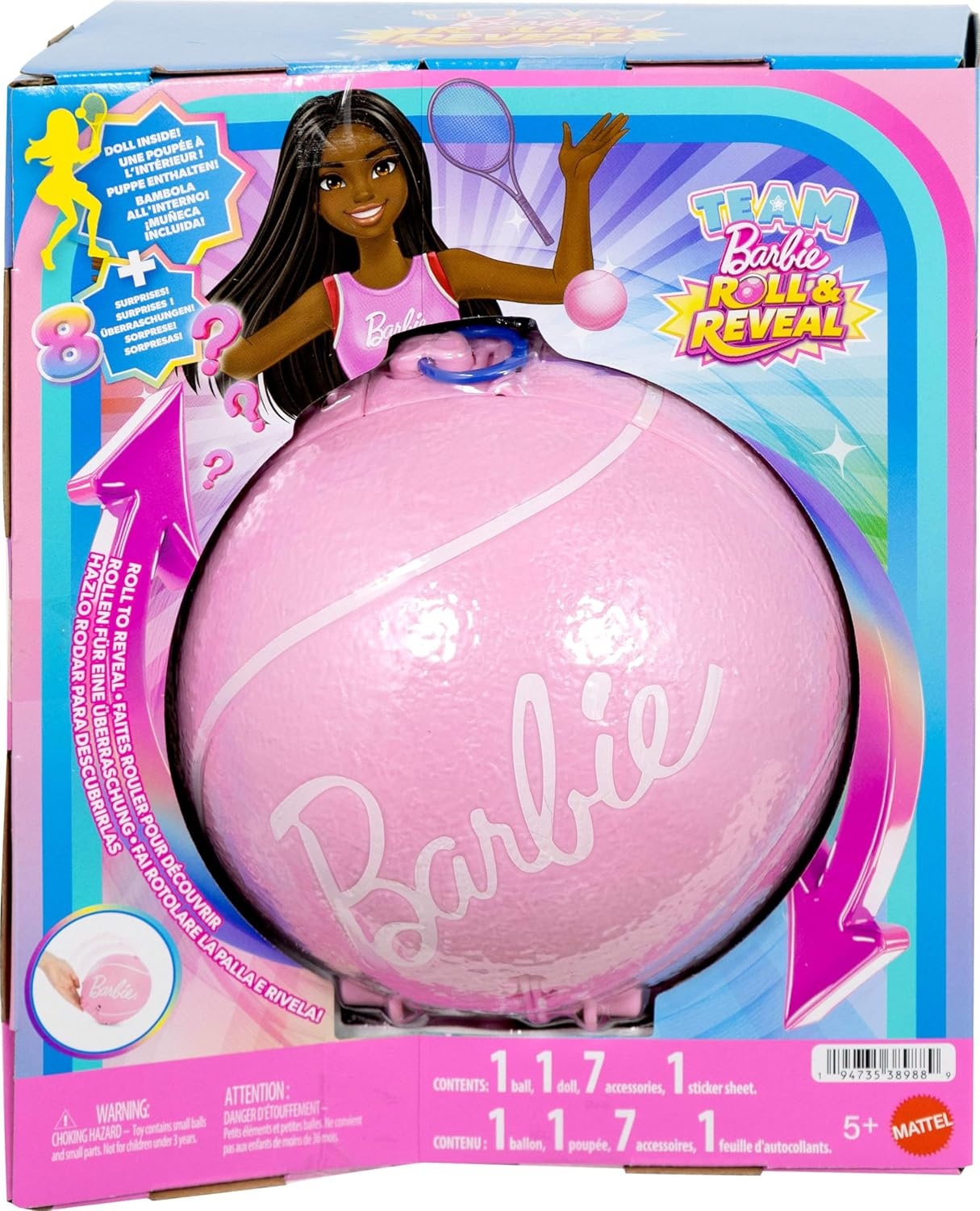 imageBarbie Team Roll and Reveal Soccer Player Doll and Accessories with Brunette Fashion Doll amp 8 Surprises and a Soccer Ball EncasementTennis Ball