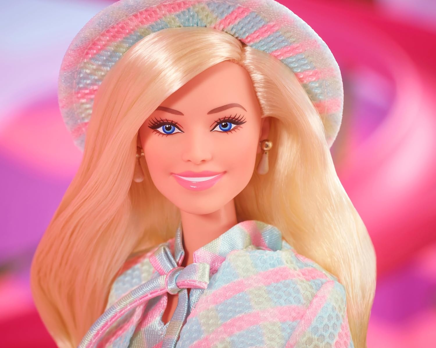 imageBarbie The Movie Doll Margot Robbie as Collectible Doll Wearing Blue Plaid Matching Set with Matching Hat amp JacketBlue