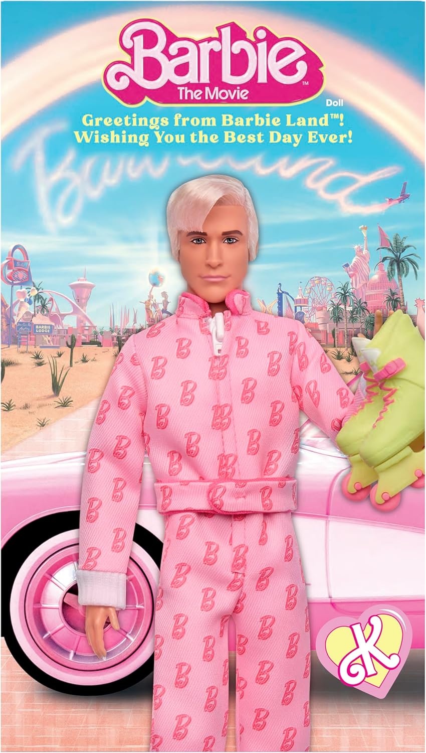 imageBarbie The Movie Ken Collectible Doll Ryan Gosling as Ken Wearing Pink Jumpsuit with B Detail with White Sneakers and Multicolor Roller Skates