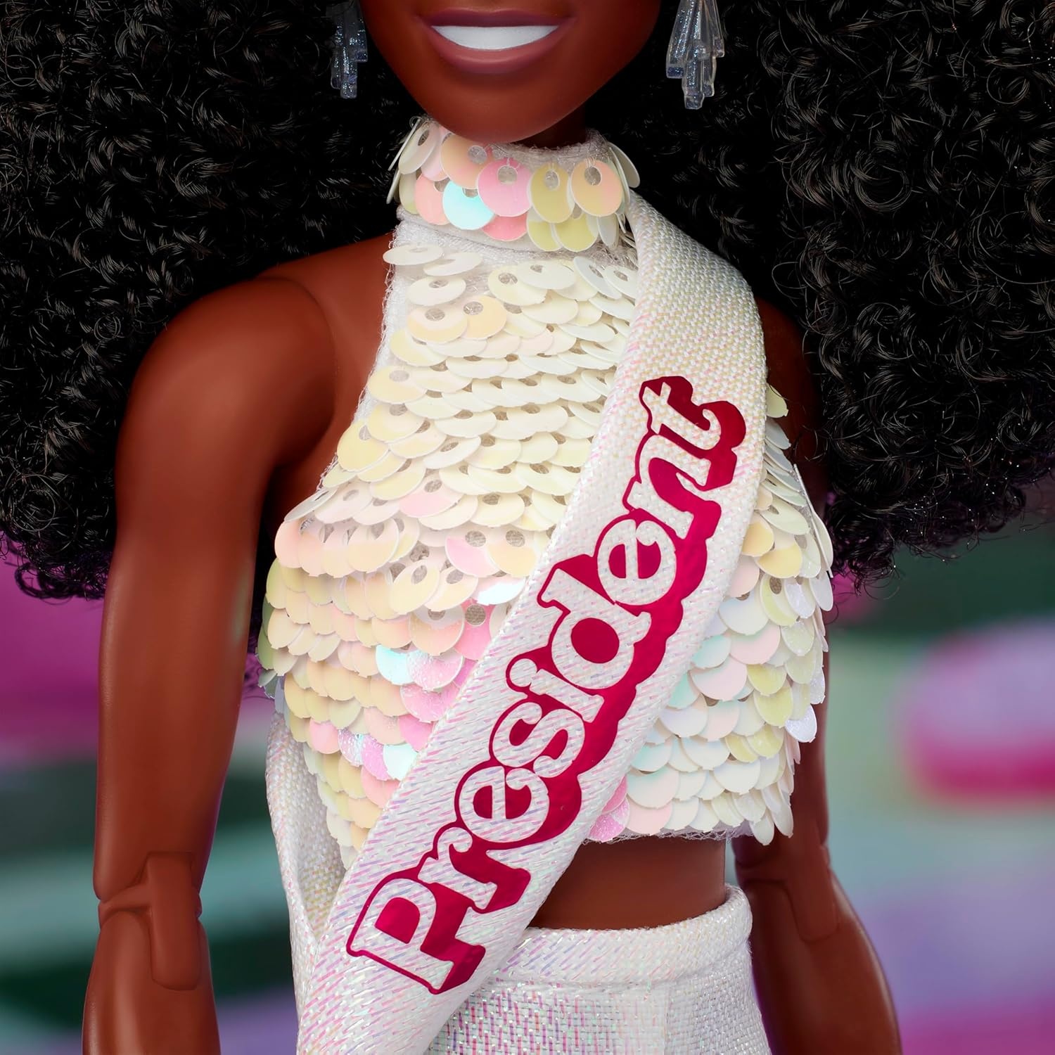 imageBarbie The Movie President Collectible Doll ISSA Rae as President Wearing Shimmery White Blouse amp Short Set with Dark Curly Hair amp President Sash