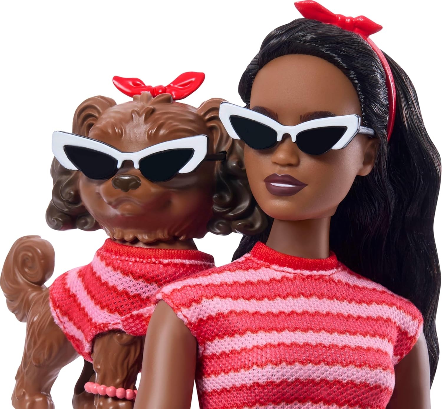 imageBarbie Twinning Looks Doll with Pet Dog in Matching Red Striped Clothes and Accessories for Both Like Sunglasses and Headbands Wavy Black Hair