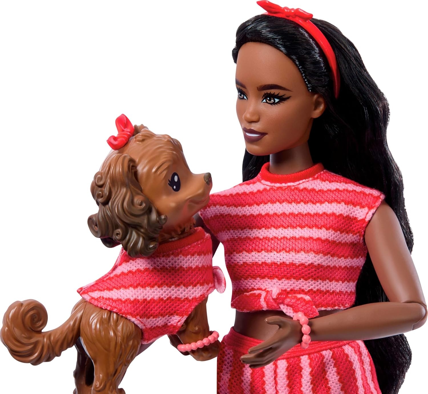 imageBarbie Twinning Looks Doll with Pet Dog in Matching Red Striped Clothes and Accessories for Both Like Sunglasses and Headbands Wavy Black Hair