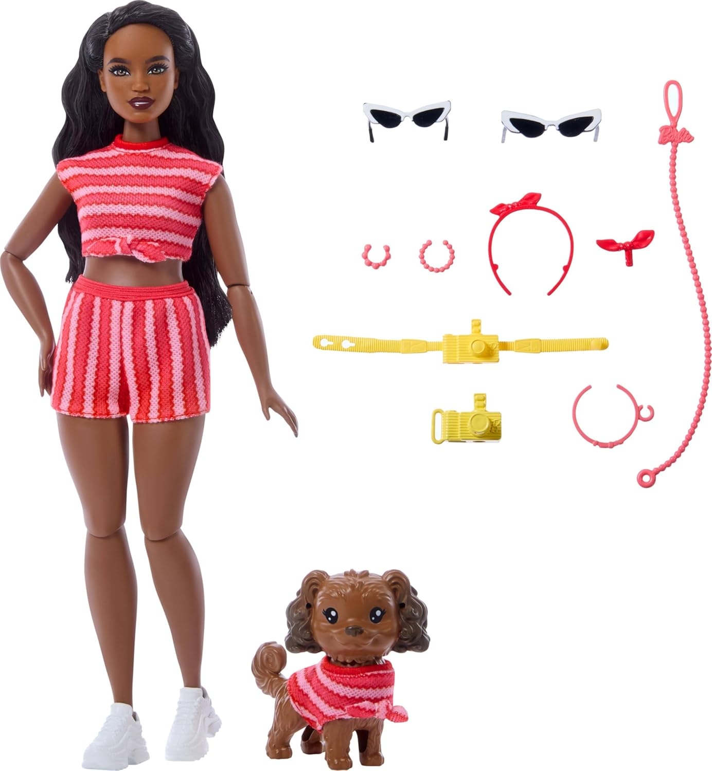 imageBarbie Twinning Looks Doll with Pet Dog in Matching Red Striped Clothes and Accessories for Both Like Sunglasses and Headbands Wavy Black Hair