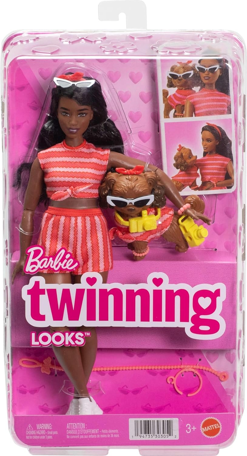 imageBarbie Twinning Looks Doll with Pet Dog in Matching Red Striped Clothes and Accessories for Both Like Sunglasses and Headbands Wavy Black Hair