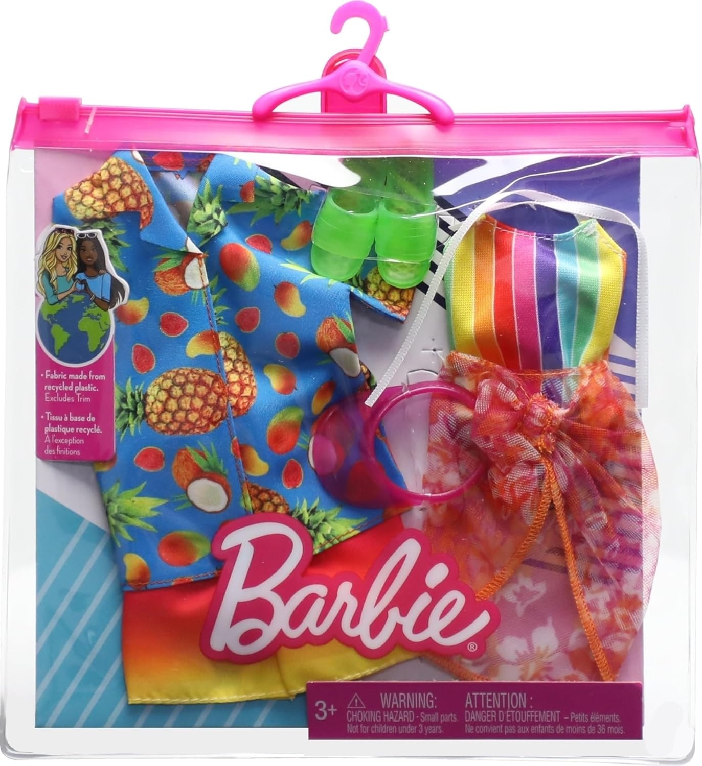 imageBarbie amp Ken Fashions 2Pack Clothing amp Accessories Set Pink Dream Top amp Skirt with Bracelet for Barbie Doll amp Striped Romper amp Sunglasses for Ken DollMulticolor