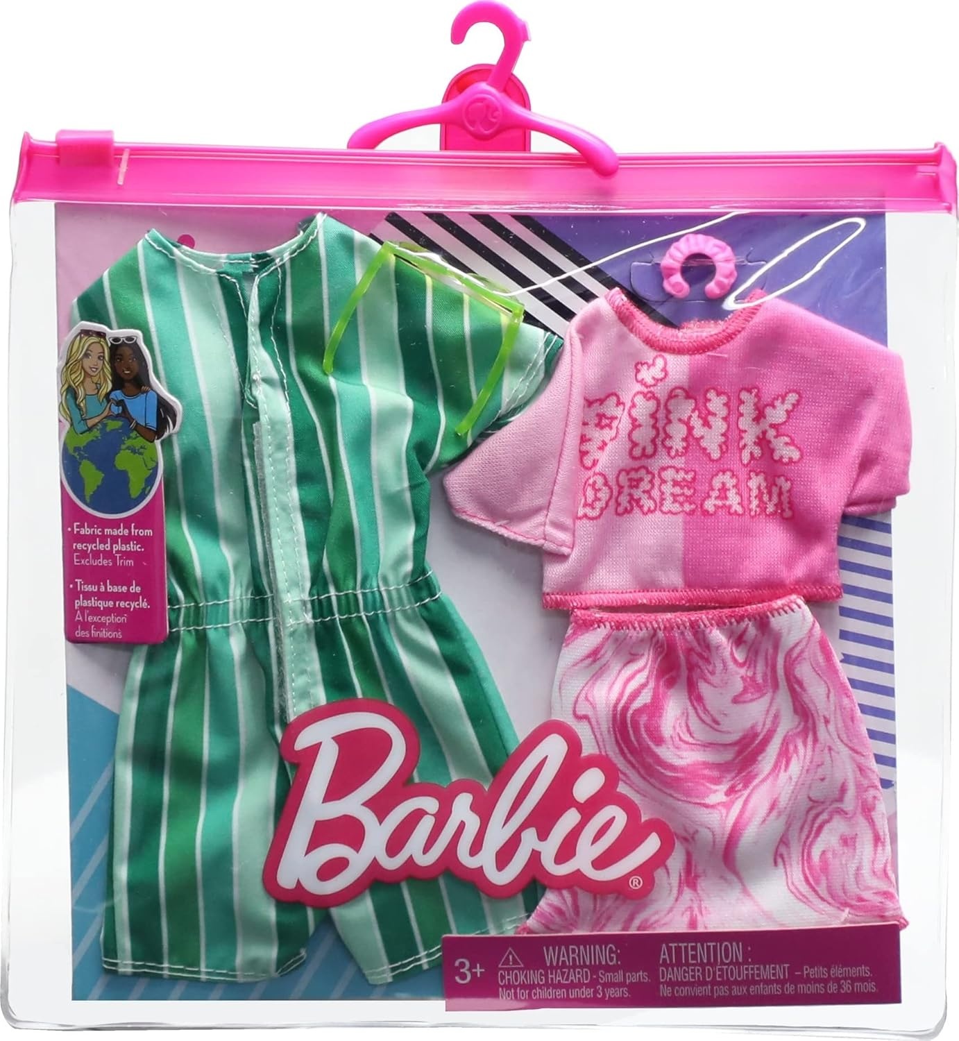 imageBarbie amp Ken Fashions 2Pack Clothing amp Accessories Set Pink Dream Top amp Skirt with Bracelet for Barbie Doll amp Striped Romper amp Sunglasses for Ken DollMulticolor