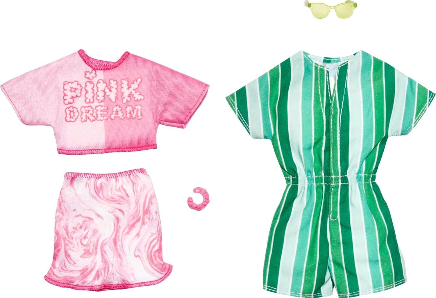 imageBarbie amp Ken Fashions 2Pack Clothing amp Accessories Set Pink Dream Top amp Skirt with Bracelet for Barbie Doll amp Striped Romper amp Sunglasses for Ken DollMulticolor