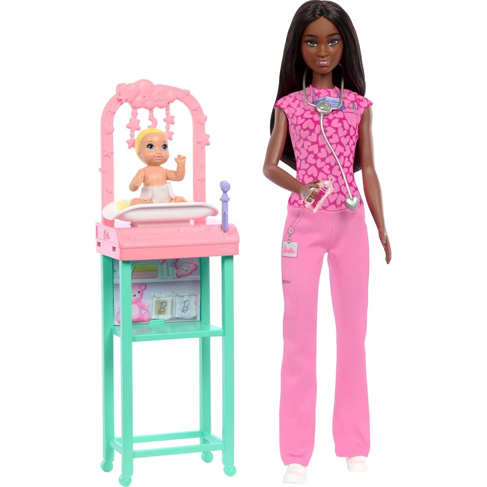imageBarbie Baby Doctor Playset with Brunette Fashion Doll Wearing Pink Scrubs Baby Doll Furniture amp Accessories