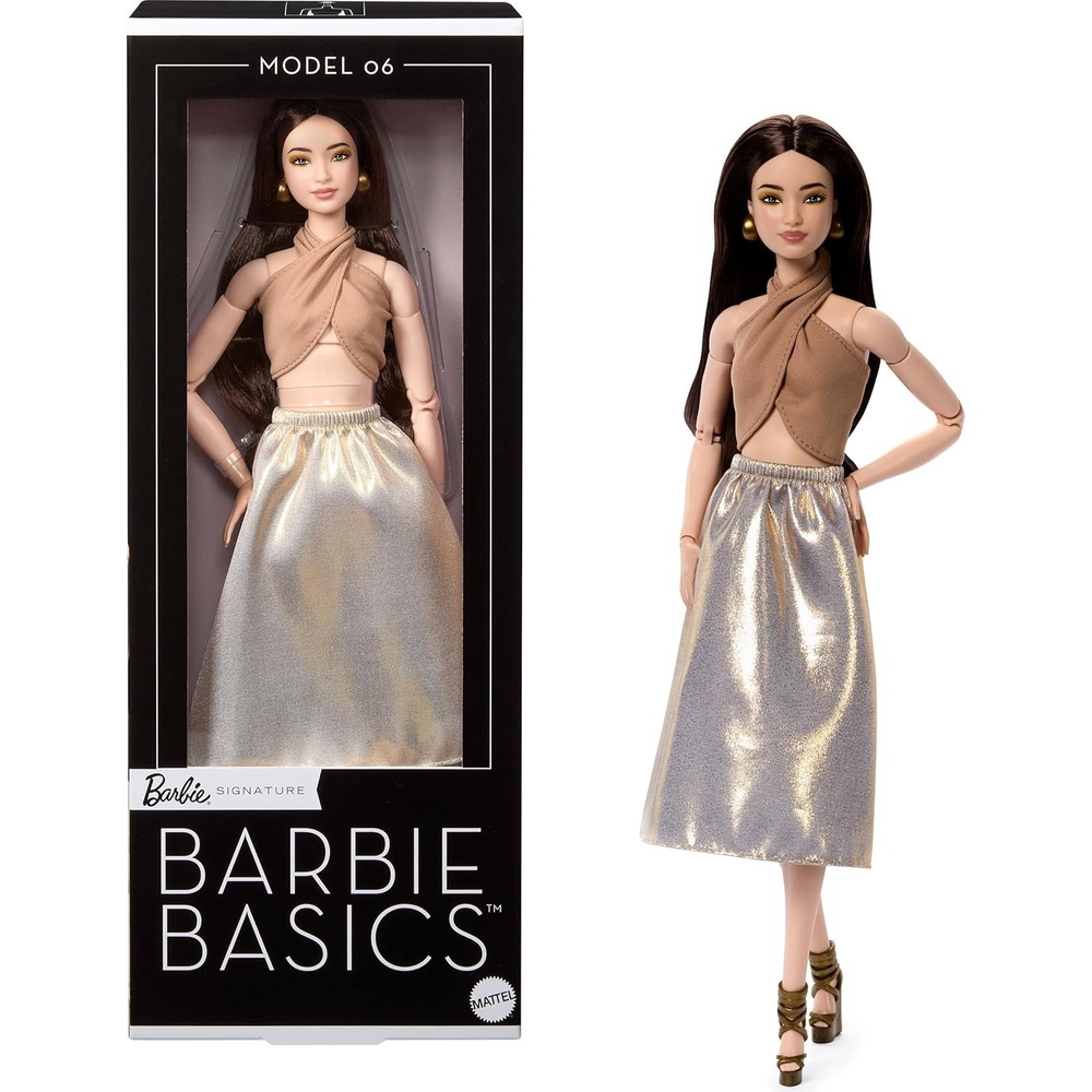 imageBarbie Basics Model Collector Fashion Doll 08 with Brunette Hair in Tan Dress amp Strappy Heels Universalfit Fashions amp Posable BodyGold Skirt