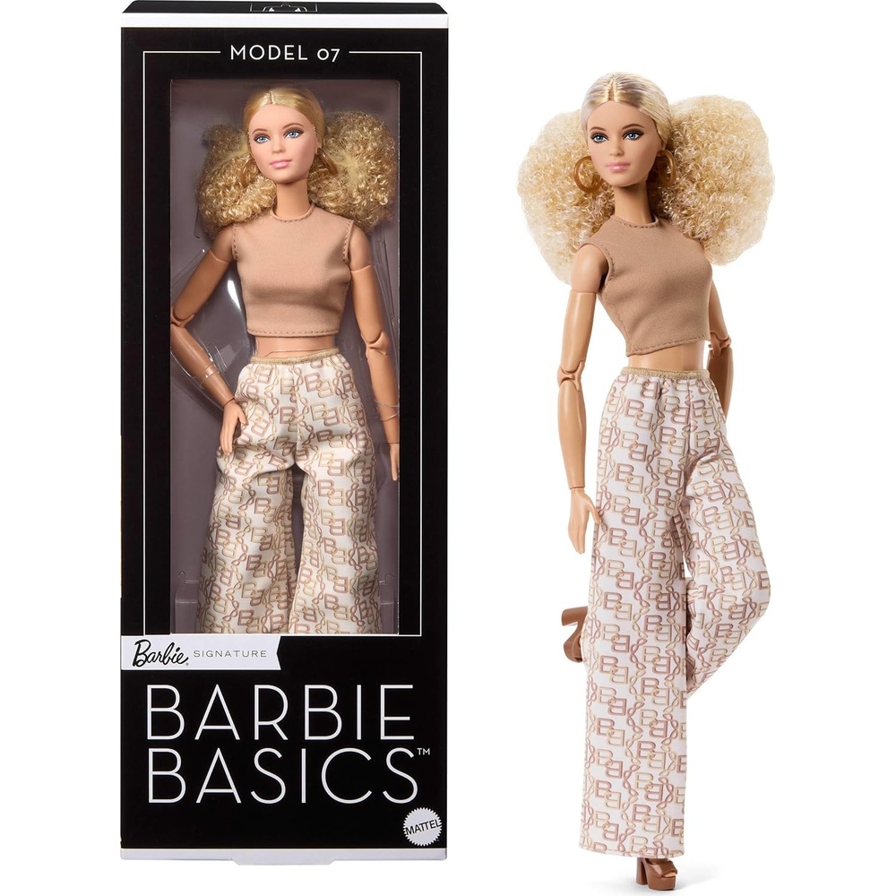 imageBarbie Basics Model Collector Fashion Doll 08 with Brunette Hair in Tan Dress amp Strappy Heels Universalfit Fashions amp Posable BodyPrinted Pants