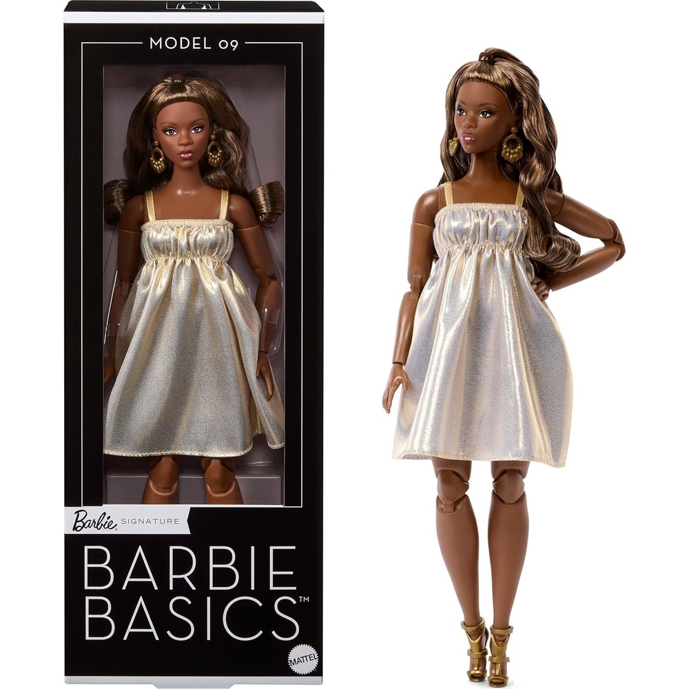 imageBarbie Basics Model Collector Fashion Doll 09 with Brunette Hair in Golden Dress amp Strappy Heels Universalfit Fashions amp Posable Body