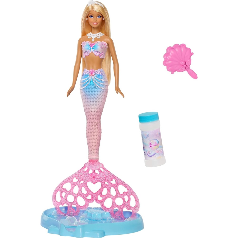 imageBarbie Bubble Sparkle Mermaid Doll with BubbleMaking Feature amp Solution Tray amp Hairbrush Plus Long ColorStreaked Blonde Hair