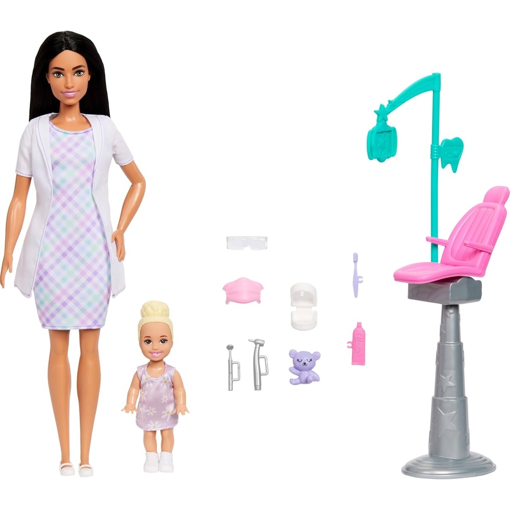 imageBarbie Careers Dentist Playset with Brunette Doll Wearing White Coat Toddler Small Doll Examination Chair amp Accessories