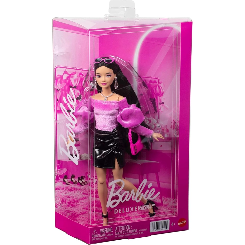 imageBarbie Deluxe Style Doll 14 in Metallic Pink Barbiecore Mini Dress with Long Puffed Sleeves and Black Bows Brown Hair Pearl Accessories PurseOff the Shoulder
