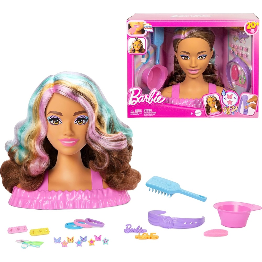 imageBarbie Doll Styling Head Dark Brown Hair with 20 Hair Styling Accessories Including Star amp Butterfly Color Change Hair Clips