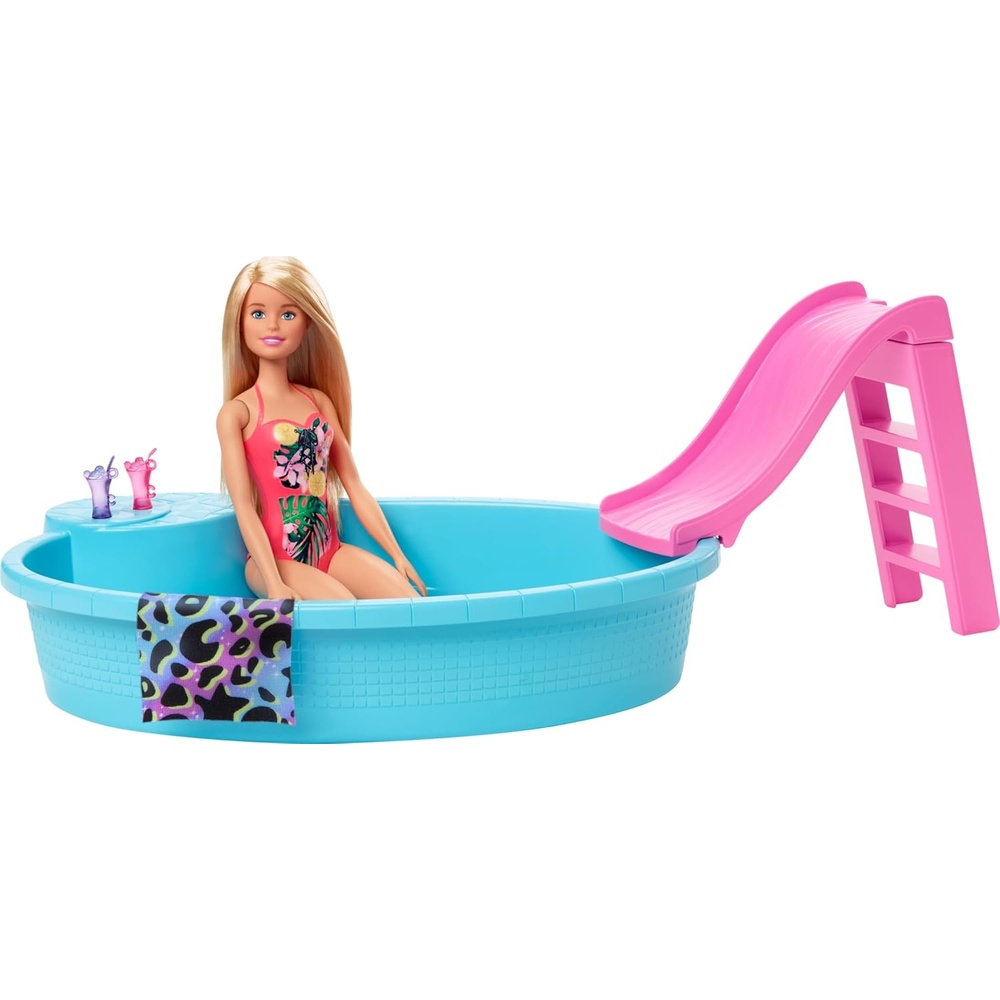 imageBarbie Doll amp Pool Playset with Pink Slide Beverage Accessories amp Towel Blonde Fashion Doll in Tropical SwimsuitMulticolor