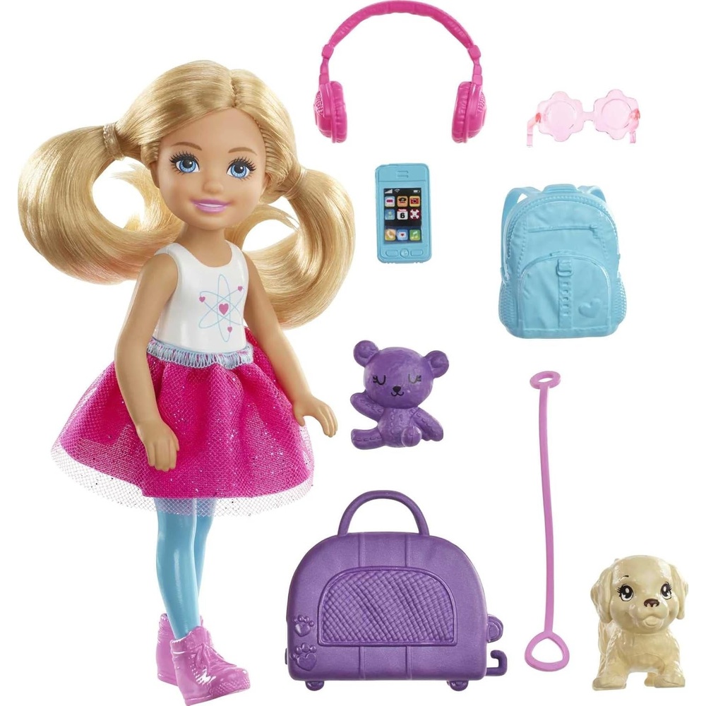 imageBarbie Dreamhouse Adventures Doll amp Accessories Travel Set with Blonde Chelsea Small Doll Puppy Carrier amp Backpack That Opens