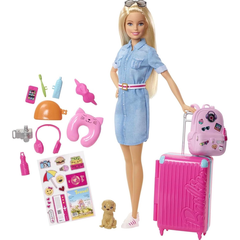 imageBarbie Dreamhouse Adventures Doll amp Accessories Travel Set with Blonde Fashion Doll Puppy amp 10 Pieces Suitcase Opens amp ClosesMulticolor