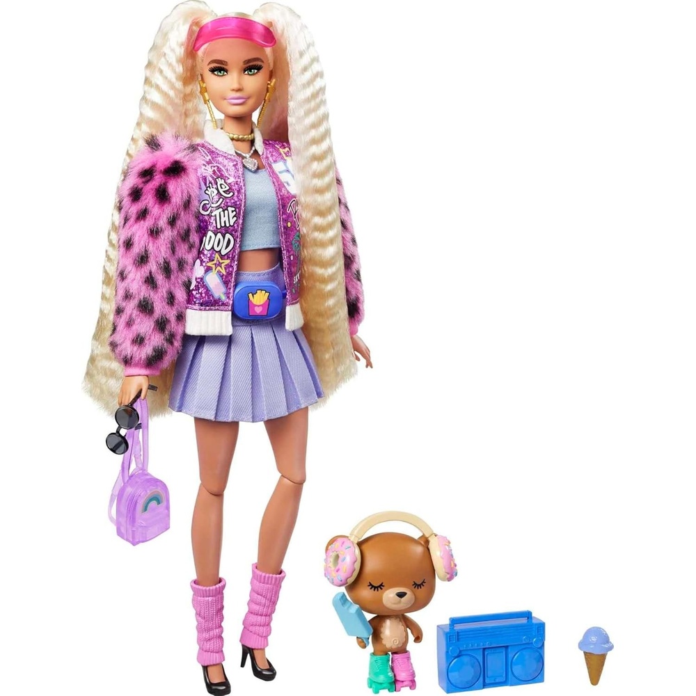 imageBarbie Extra Doll amp Accessories with ExtraLong Crimped Pigtails in Pink Sparkly Varsity Jacket with Pet Teddy BearModern