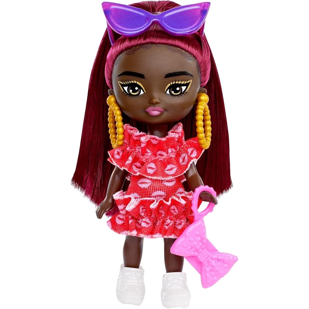 imageBarbie Extra Mini Minis Doll with Burgundy Hair Red Ruffle Dress Sunglasses amp Accessories amp Stand 325inch325 inch