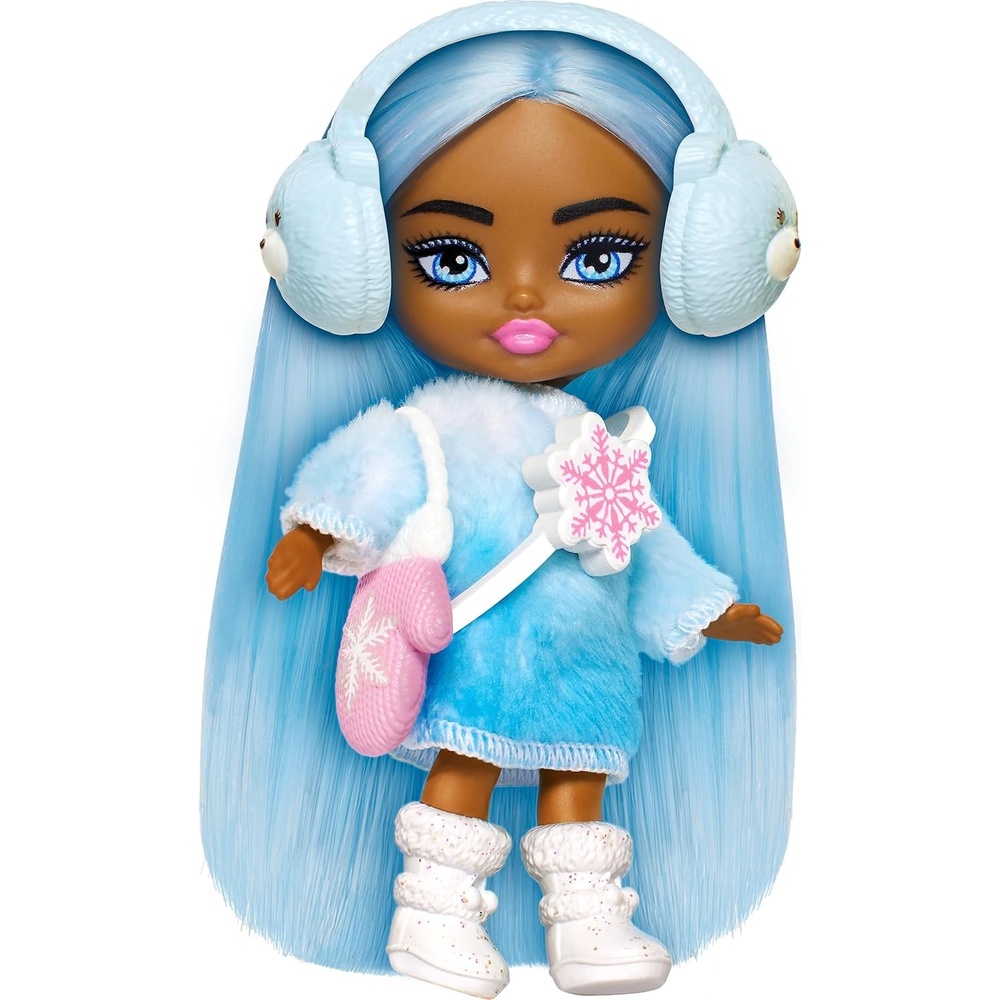 imageBarbie Extra Mini Minis Travel Doll with Blue Hair Ombre Sweater Dress Pastel Earmuffs Snow Boots amp Snow Accessories 325inchSnow