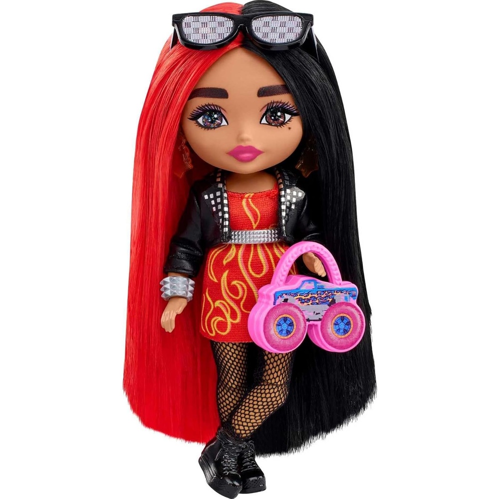 imageBarbie Extra Minis Doll amp Accessories with Red amp Black Hair Wearing FlamePrint Dress amp Moto Jacket 55inchMulticolor