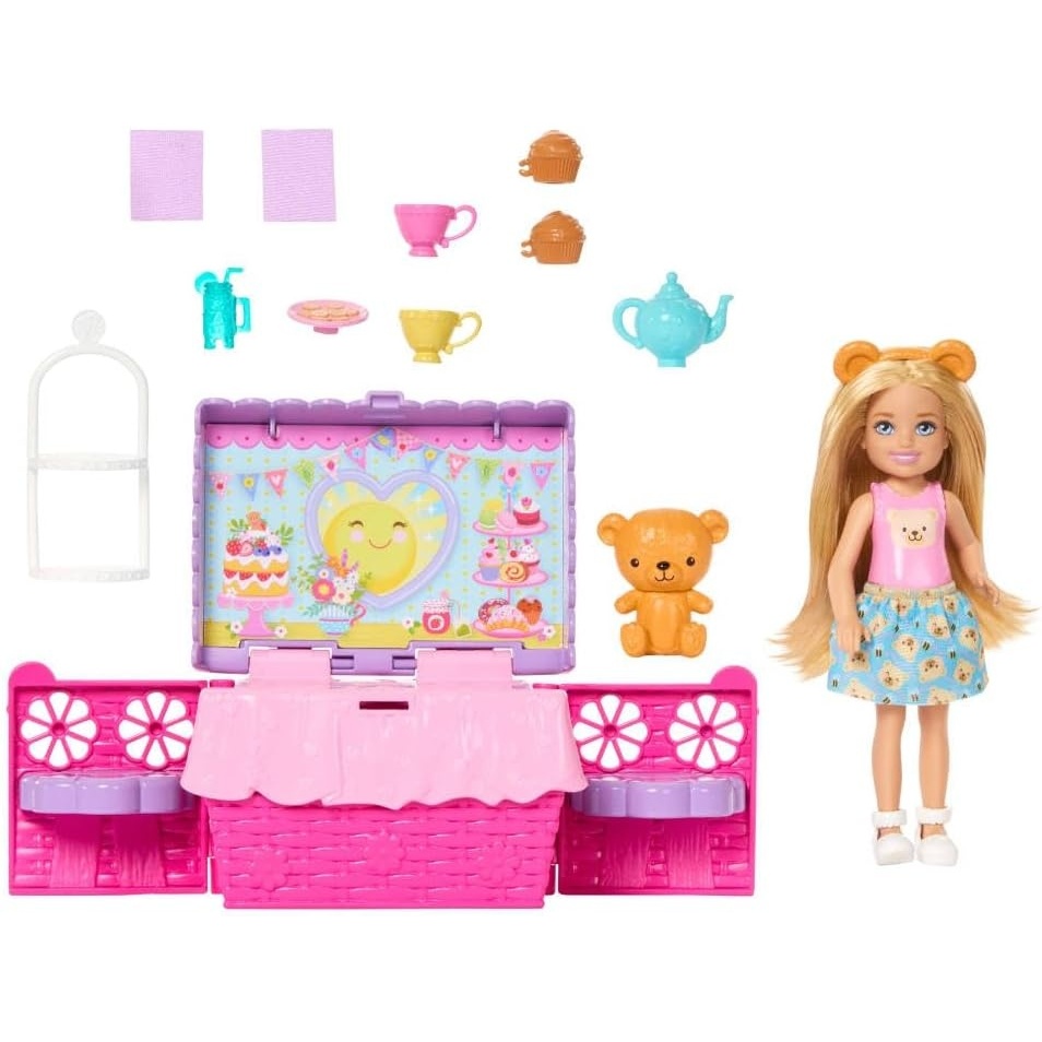 imageBarbie Family amp Friends Club Chelsea PopUp Tea Party Playset with Blonde Small Doll Transforming Picnic Basket amp 10 Accessories