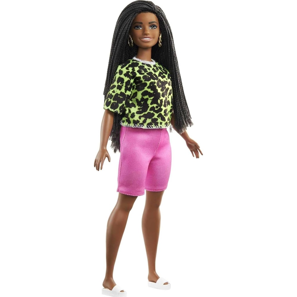 imageBarbie Fashionistas Doll 144 with Long Brunette Braids Wearing Neon Green AnimalPrint Top Pink Shorts White Sandals amp Earrings Toy for Kids 3 to 8 Years Old