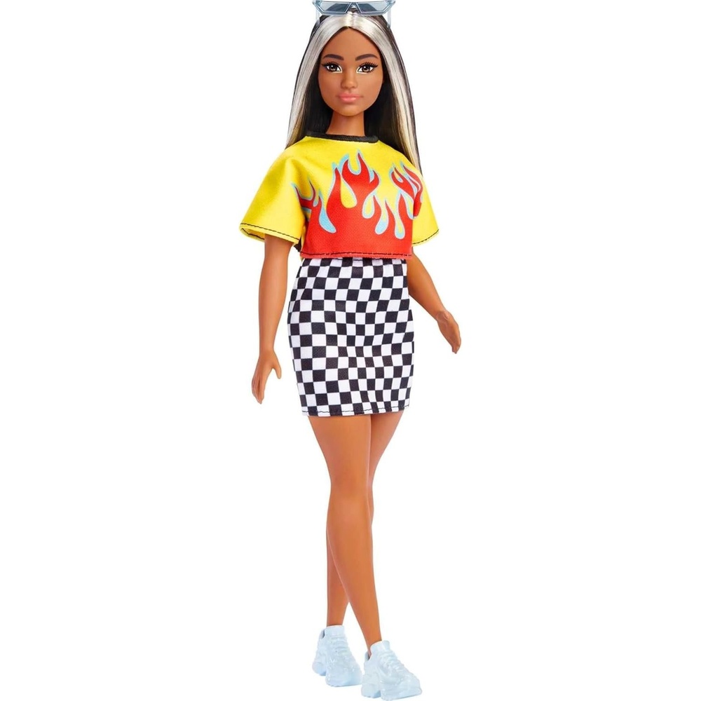 imageBarbie Fashionistas Doll 179 Curvy with Long Highlighted Hair Flame Crop Top Checkered Skirt amp Accessories Including Sneakers amp Sunglasses