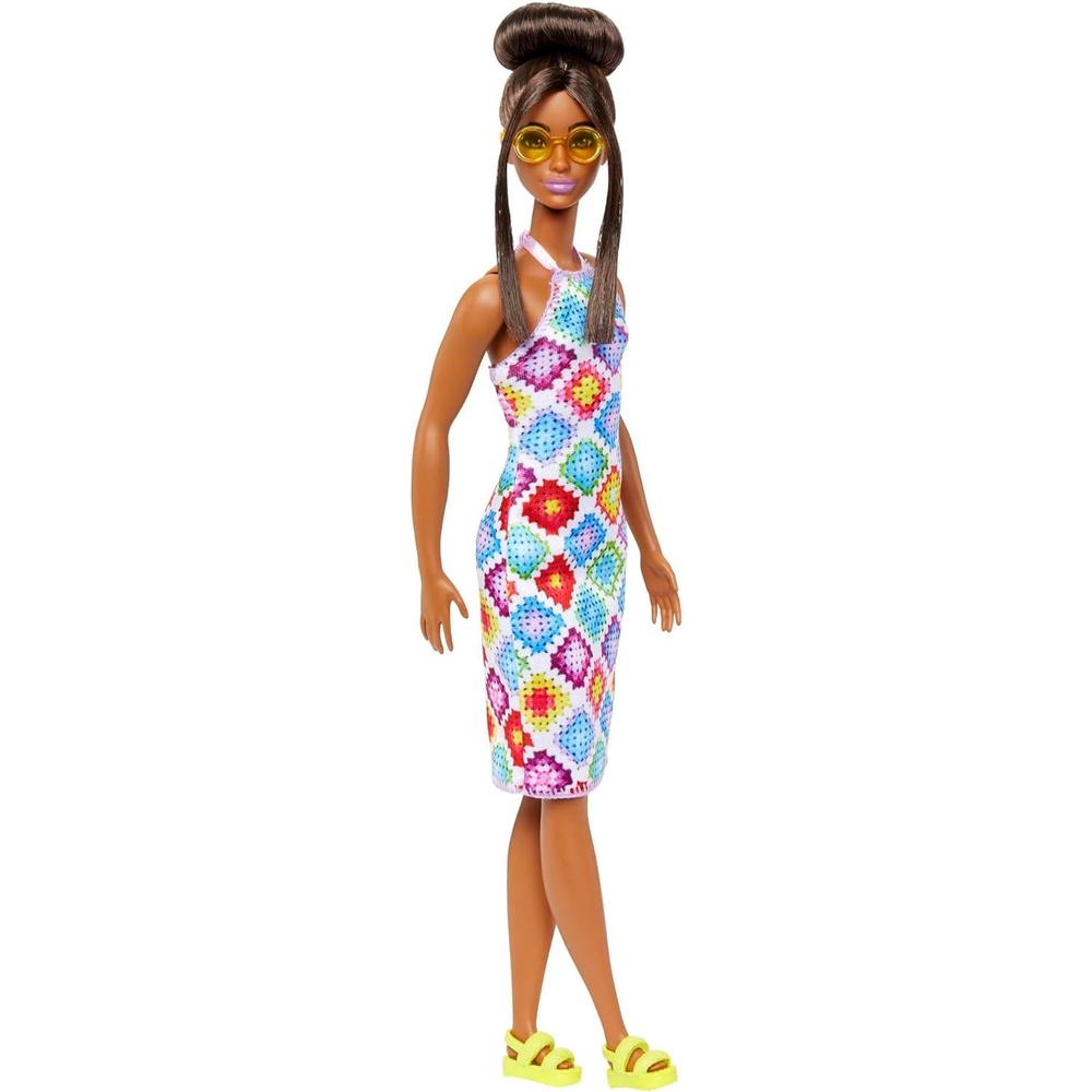 imageBarbie Fashionistas Doll 210 with Brunette Hair in Bun Wearing Removable Colorful Crochet Halter Dress Sunglasses amp Sandals