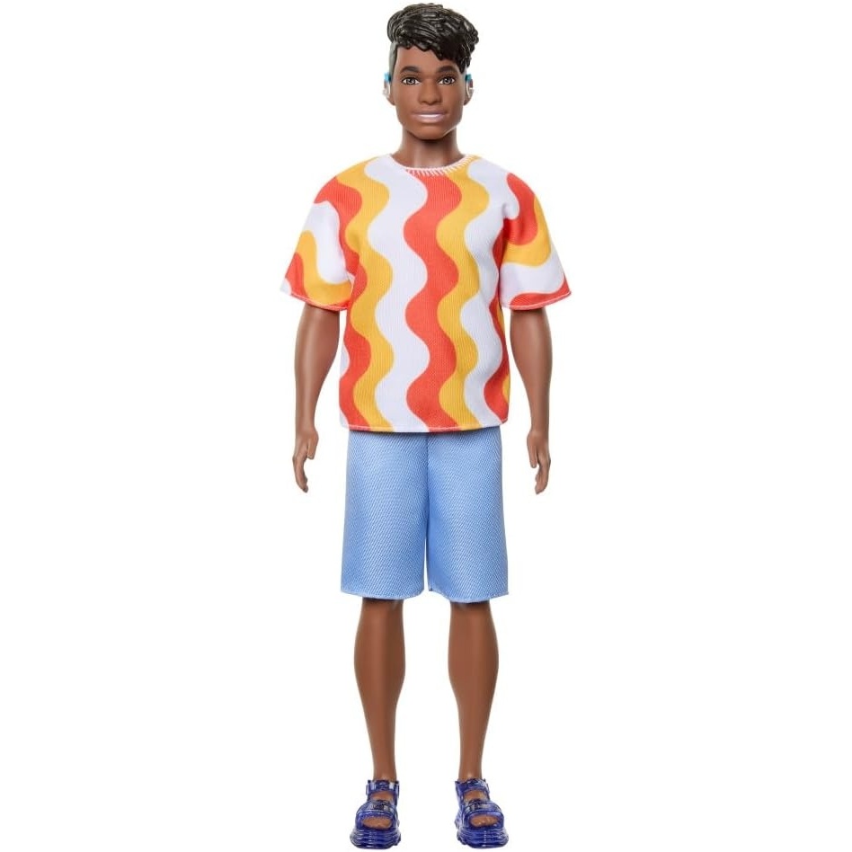 imageBarbie Fashionistas Ken Doll 220 with BehindtheEar Hearing Aids amp Broad Body Wearing a Removable Orange Patterned Shirt Shorts amp Jelly Sandals