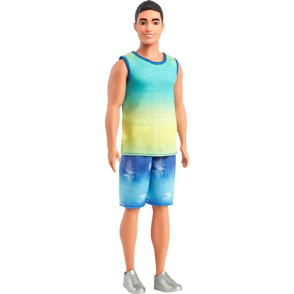 imageBarbie Fashionistas Ken Doll 236 with Black Hair Wearing Blue and Green Ombre Tank with Jean Shorts and Silver Sneakers