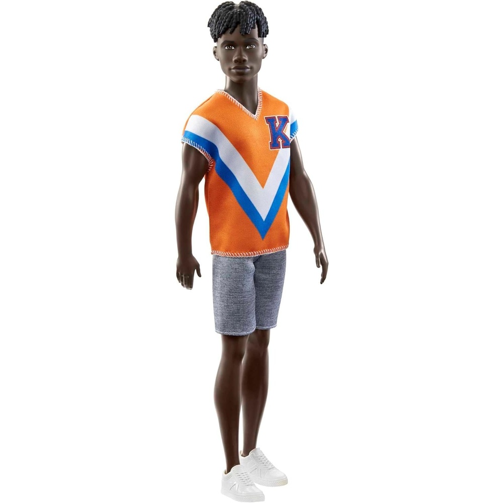imageBarbie Fashionistas Ken Fashion Doll 203 with Twisted Black Hair Wearing Orange Athletic Jersey Shorts amp White Sneakers