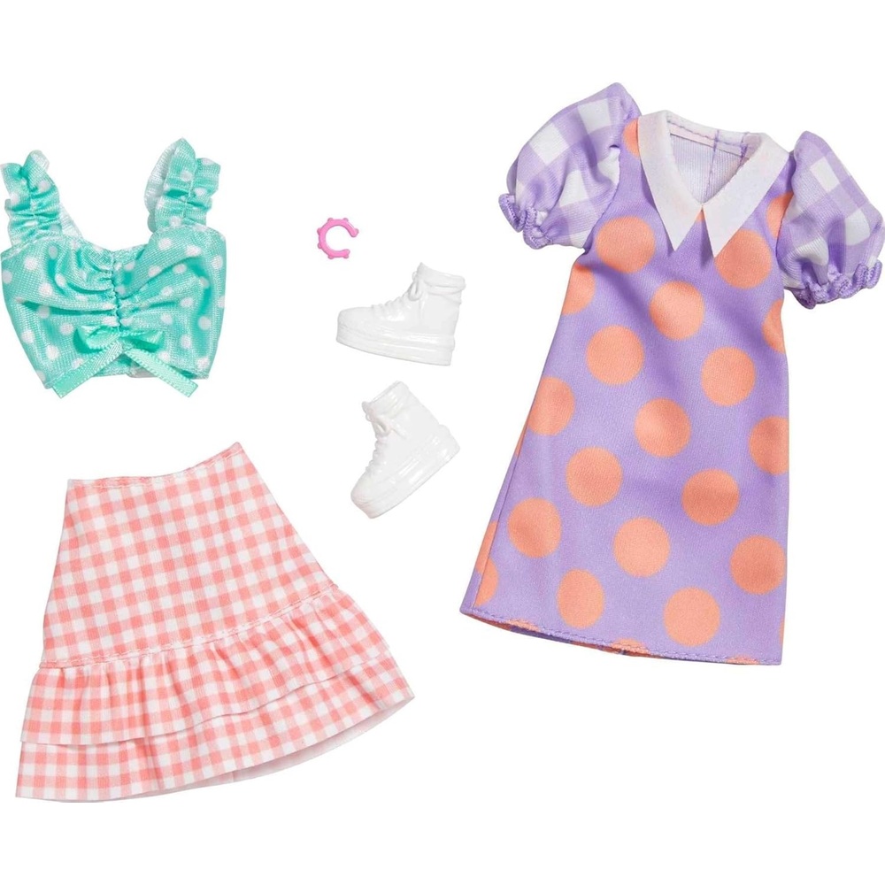 imageBarbie Fashions 2Pack Clothing Set 2 Outfits Doll Include Polka Dot Blouse amp Gingham Skirt Polka Dot Dress amp 2 Accessories