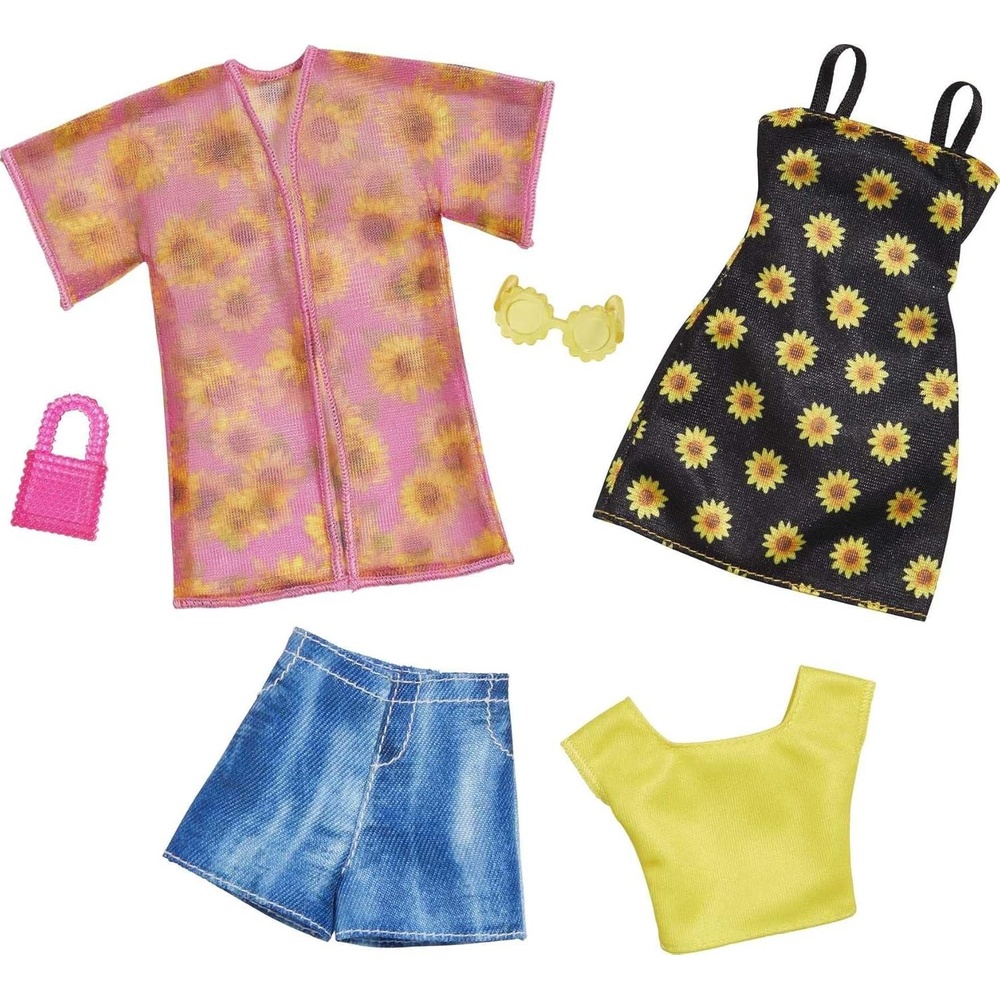 imageBarbie Fashions 2Pack Clothing Set 2 Outfits Doll Include Shirt Shorts amp Kimono Sleeveless Sunflower Dress amp 2 Accessories