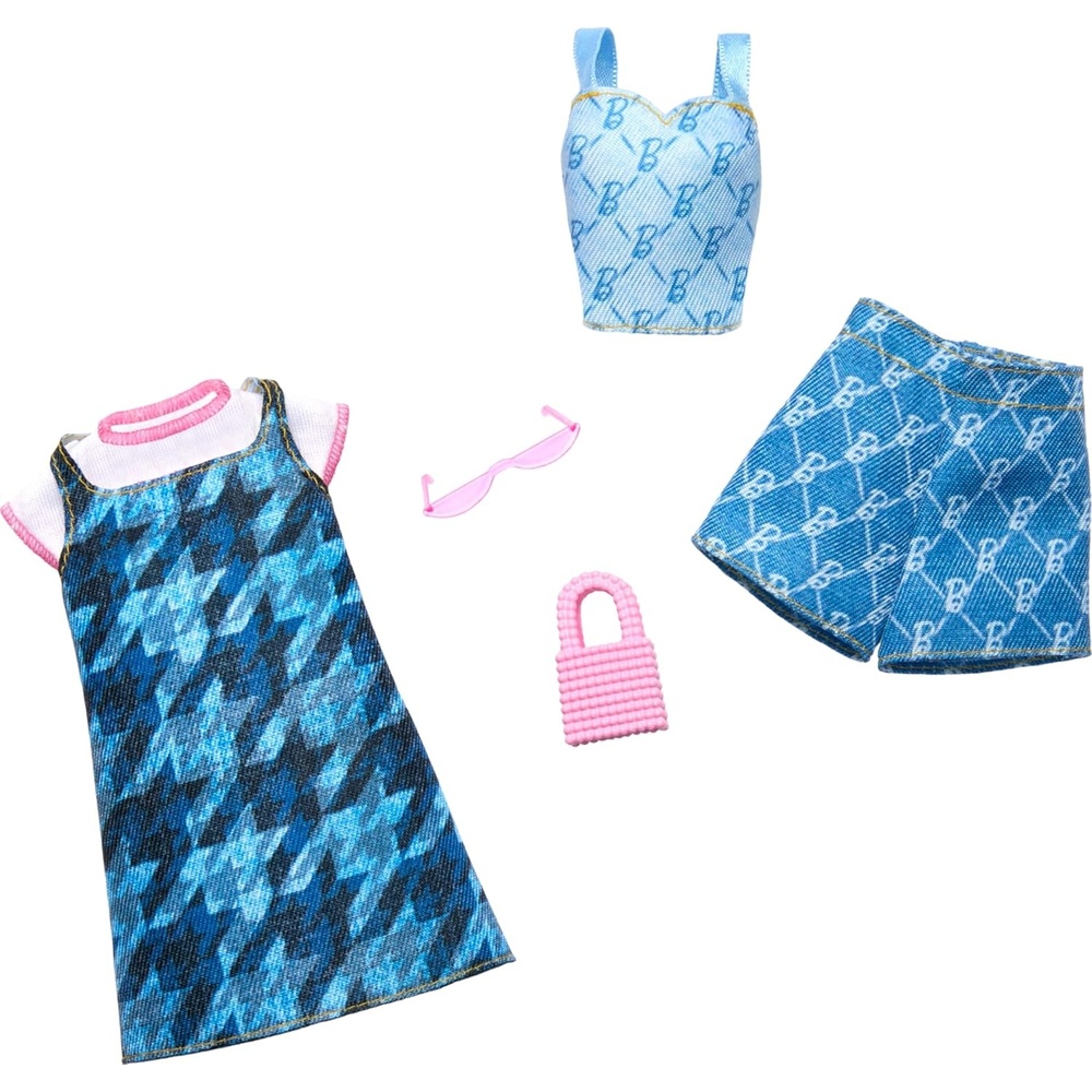imageBarbie Fashions Clothing Set 2 Denim Outfits for Fashion Doll Include Dress Top amp Shorts amp 2 Accessories