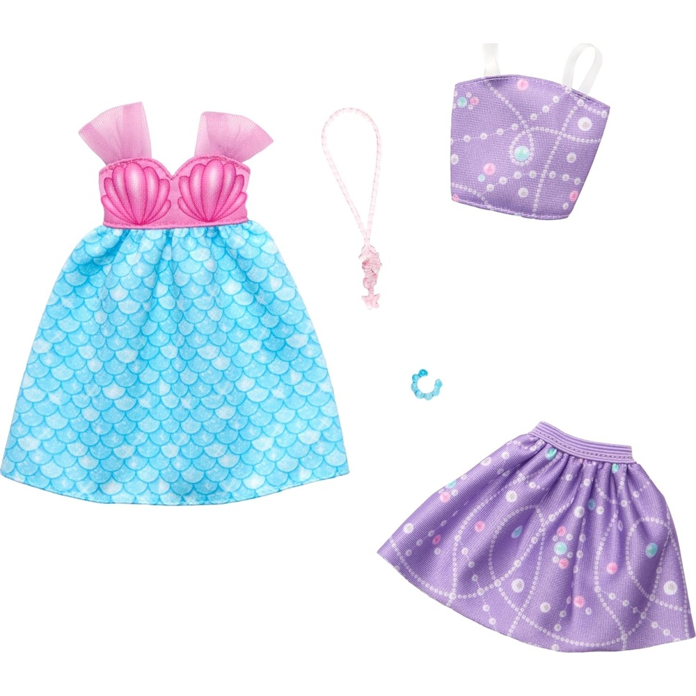 imageBarbie Fashions Clothing Set 2 Outfits for Fashion Doll Include MermaidThemed Dress Top amp Skirt amp 2 Accessories